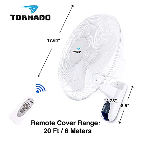 Photo 1 of Tornado16 Inch Oscillating Wall Mount Fan Remote Control Included 3 Speed 2650 CFM 6 FT Cord UL Safety Listed
