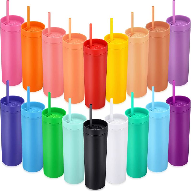 Photo 1 of 27 Pieces Skinny Tumbler Cups with Lids and Straws, Matte Pastel Colored Acrylic Tumblers Set, Reusable Double Wall Plastic Mugs Cold Hot Drinks Water Bottles for Vinyl DIY Presents, 16 oz