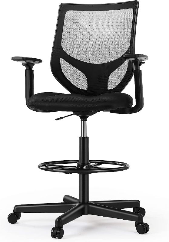 Photo 1 of OLIXIS Tall Drafting Office Chair, Mid-Back Mesh Stool Chairs with Armrest Adjustable Foot Ring for Standing Desk, Black