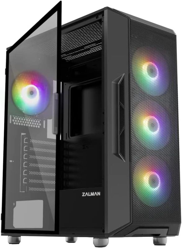 Photo 1 of Zalman I3 NEO Black Edition Airflow ATX Computer Case with Mesh Front Panel, Magnetic Swing-Open Tempered Glass Side Panel, 4X RGB 120mm Fans Pre-Installed, Mid Tower for Gaming or Office Work