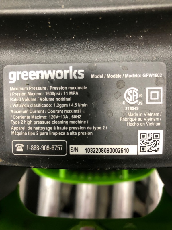 Photo 2 of Greenworks 1600 PSI 1.2 GPM Pressure Washer (Upright Hand-Carry) PWMA Certified
