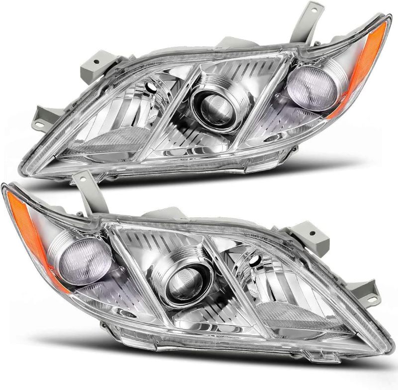 Photo 1 of 2007-2009 Toyota Camry Headlights Headlamp Assembly Replacement - Chrome Housing & Amber Reflector - Passenger and Driver Side - NO Bulbs Included, Silver
