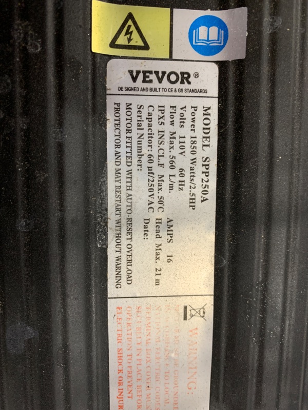 Photo 3 of VEVOR Above Ground Pool Pump 2.5HP, Single Speed Swimming Inground Pool Pump 110V, High Flow 148GPM, 1.5" NPT Inlet/Outlet
**return item** good condition