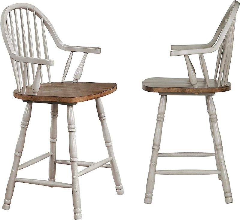 Photo 1 of Sunset Trading Country Grove 24" Windsor Barstools with Arms | Counter Height Stools with Backs and Armrests | Distressed Gray and Brown Solid Wood | Set of 2
