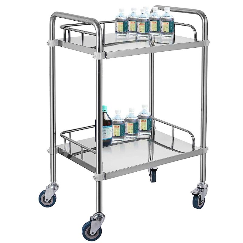 Photo 1 of VEVOR 2-Shelf lab cart with Wheels Stainless Steel Rolling cart Lab Cart Utility Cart with high-Polish Stainless Steel 2 Lockable Wheels for Fixing
