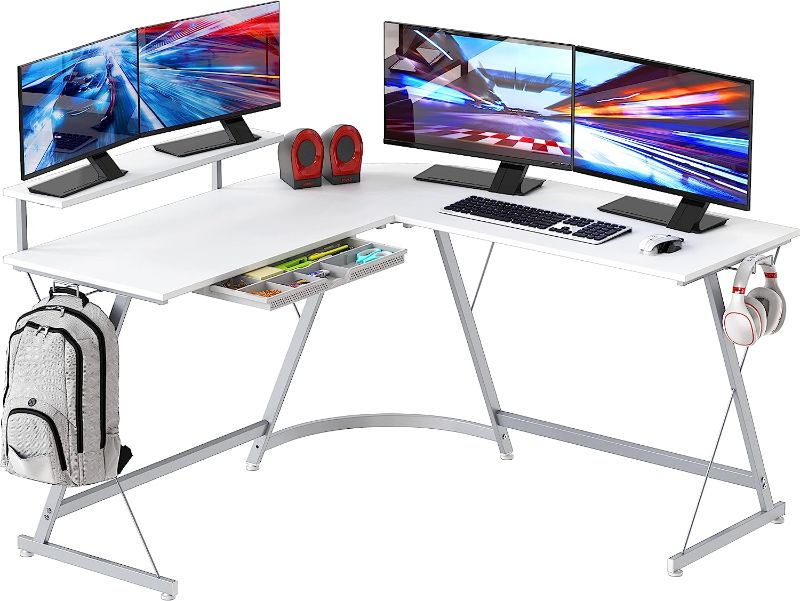 Photo 1 of SHW Vista L-Shape Desk with Monitor Stand, White