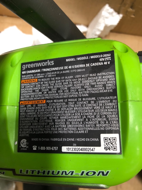 Photo 3 of ***SEE NOTES*** Greenworks 40V 12" Chainsaw, 2.0Ah Battery and Charger Included & Oregon Bar and Chain Oil for Chainsaws, 1 One Quart Bottle (32 fl.oz / 946 ml) (54-026)