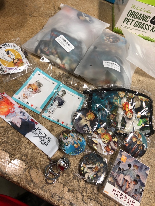 Photo 2 of BUNDLE OF 3 The Promised Neverland Merch Set for Anime Fans 50 Stickers 1 Face Mask 2 Keychain 30 Lomo Card 1 Hanging Decor 6 Button Pin