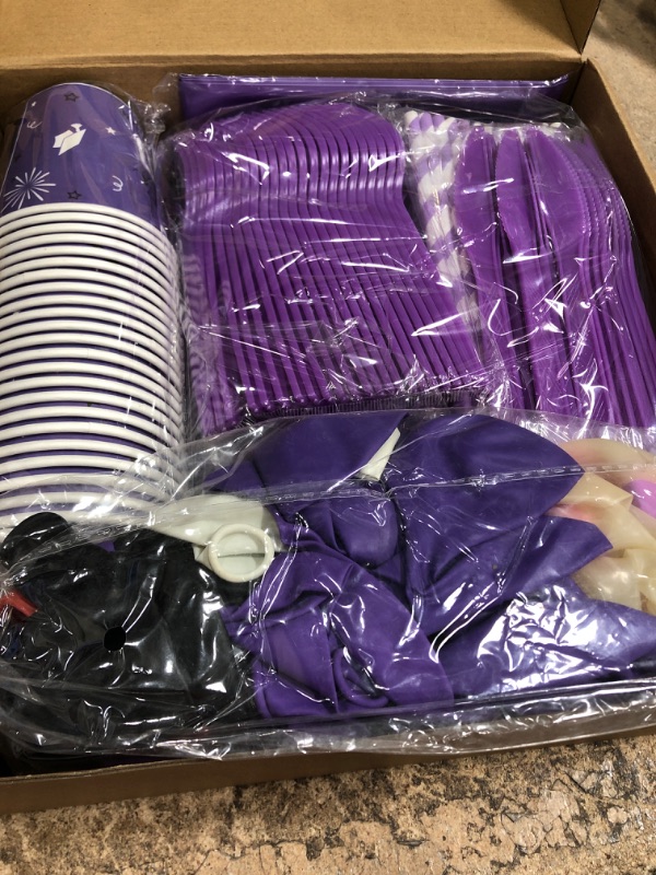 Photo 2 of 277 PCS Graduation Decoration Class of 2023 Party Supplies Kit Congrats Balloons Grad Party Disposable Dinnerware Backdrop Tablecloth for High School College Grad Celebration, Serves 24 (Purple)