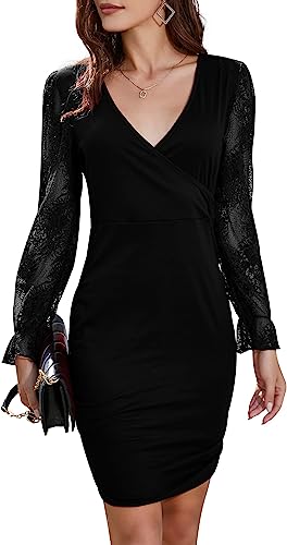 Photo 1 of MISSKY Women's Cocktail Dress Lace Long Sleeve V Neck Bodycon Evening Club Party Mini Dress
