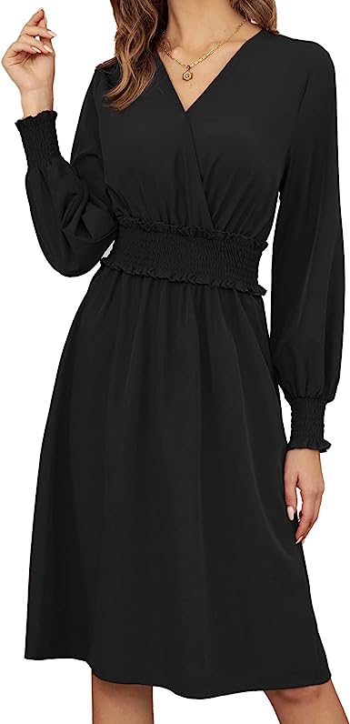 Photo 1 of GRACE KARIN Women Wrap V Neck Long Lantern Sleeve Smocked Midi Dress Aline Swing Casual Party Cocktail Wedding Dress
