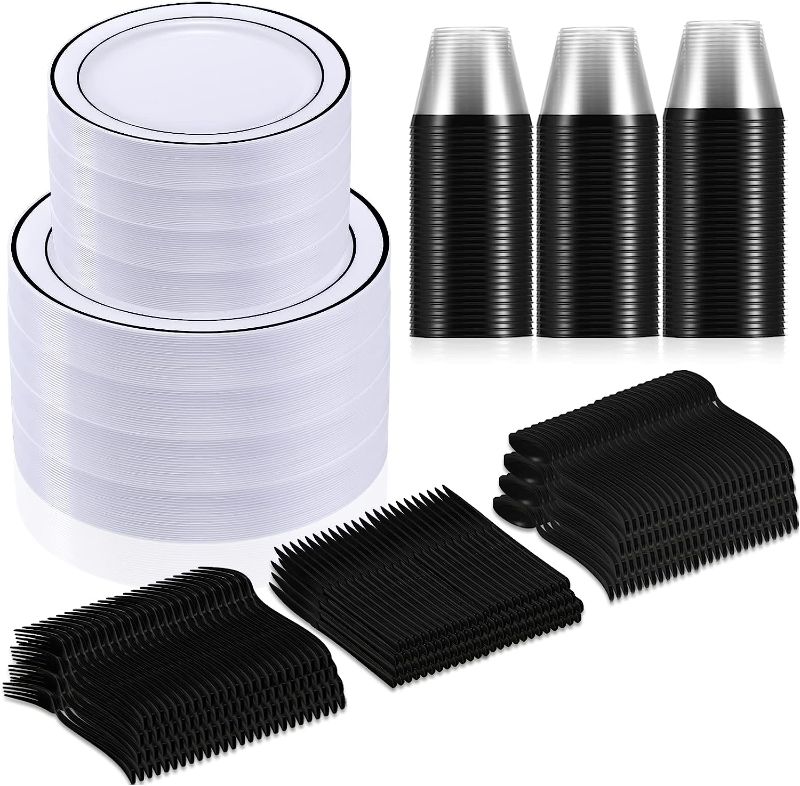 Photo 1 of Bokon 600 Piece Party Dinnerware Set 100 Rimmed Plastic Dinner Plates, 100 Plastic Salad Plates, 100 Knives 100 Spoons 100 Forks 100 Plastic Cups Disposable...
