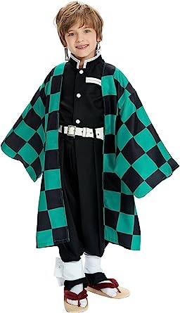 Photo 1 of Kids Kamado Tanjirou Cosplay Outfit Cloak Kimono Anime Costume Uniform with Earrings
size L