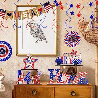 Photo 1 of .RoseCraft 4PCS 4th of July Table Decorations, Include Home Sign/4th of July Sign/Truck/Star, Wooden Patriotic Independence Day Memorial Day Table Sign for Home Indoor Holiday Party Desk Decor.
