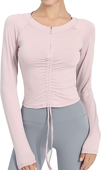 Photo 1 of Flexyfree Women's Long Sleeve Drawstring Ruched Workout Shirt Slim Fit Half Zip Crew V Neck Athletic Yoga Crop Top
