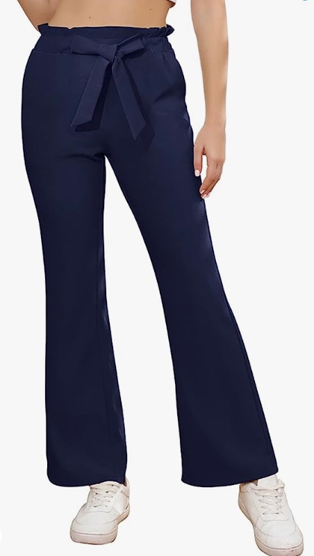 Photo 1 of CXXQ Women's Flare Pants Elastic Ruffle High Waist Bowknot Petite Bell Bottom Pants Trendy 2 Pockets SIZE LG