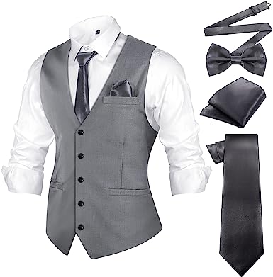 Photo 1 of 4 Pieces 1920s Men's Costume Formal Suit Vest Set Waistcoat with Necktie Bow Tie Pocket Square for Wedding Business Party (Single Layer, Medium)