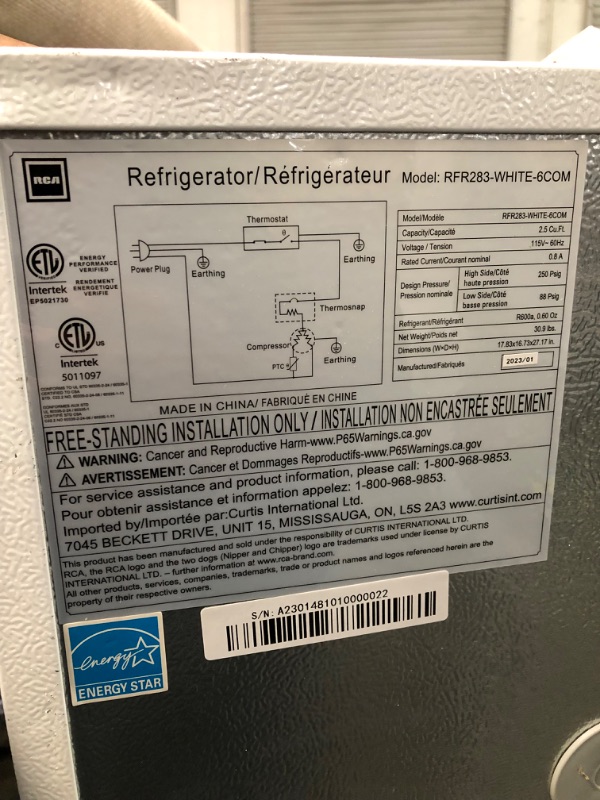 Photo 1 of **MINOR SHIPPING DAMAGE**RCA RFR283-WHITE 2.6 Cu. Ft. Compact Refrigerator, White