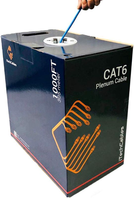 Photo 1 of iTechCables, CAT6 Plenum Bulk Ethernet Cable 1000ft (CMP Rated) | Fluke Test Passed | 23AWG 4Pair Solid, 550-MHz | Unshielded Twisted Pair (UTP) | Up to 10 Gigabit, Blue