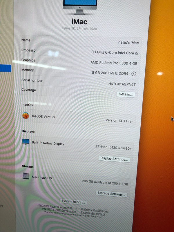 Photo 10 of Mid 2020 Apple iMac with 3.3GHz 6 Core 10th Gen Intel Core i5 (27 inch Retina 5K, 8GB RAM, 512GB SSD) 

