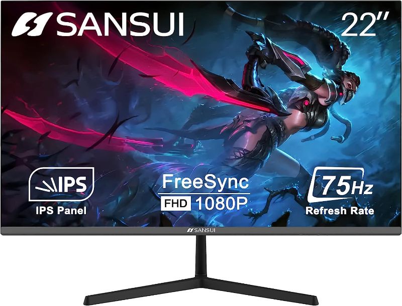 Photo 1 of SANSUI Monitor 22 Inch IPS 75Hz FHD 1080P HDMI VGA Ports Computer Monitor Ultra-Thin Tilt Adjustable VESA Mount Compatible with Eye Comfort 178° Wide Viewing Angle for Game and Office
