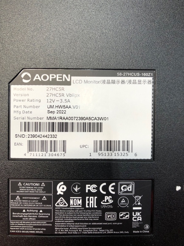 Photo 3 of AOPEN 27HC5R Vbiipx 27" Full HD (1920 x 1080) VA 1500R Curved Gaming-Monitor | AMD FreeSync Premium | 165Hz Refresh Rate | 1ms-TVR | HDR 10 Support | Ports: 1 x Display Port 1.4 & 2 x HDMI 2.0
