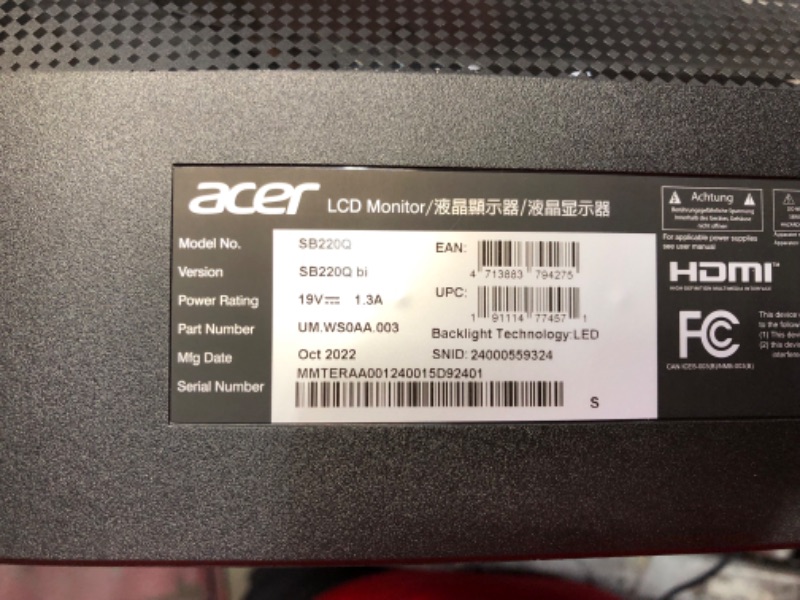 Photo 2 of Acer 21.5 Inch Full HD (1920 x 1080) IPS Ultra-Thin Zero Frame Computer Monitor (HDMI & VGA Port), SB220Q bi