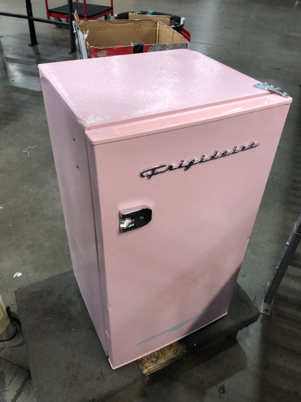 Photo 2 of **COSMETIC DAMAGE**  FRIGIDAIRE EFR376 Retro Bar Fridge Refrigerator with Side Bottle Opener, 3.2 cu. Ft, Pink/Coral PINK Single Door Fridge