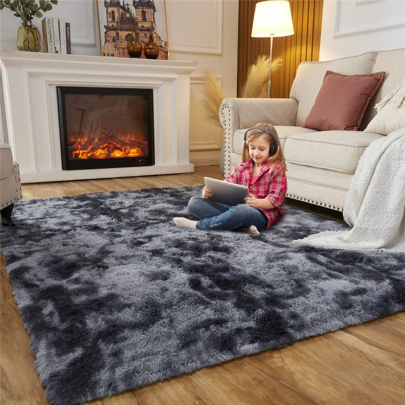 Photo 1 of 10x6ft Super Soft Shaggy Rug for Bedroom,Fluffy Carpet for Living Room, Fuzzy Indoor Plush Area Rug for Home Decor, Grey/Black Tie Dye