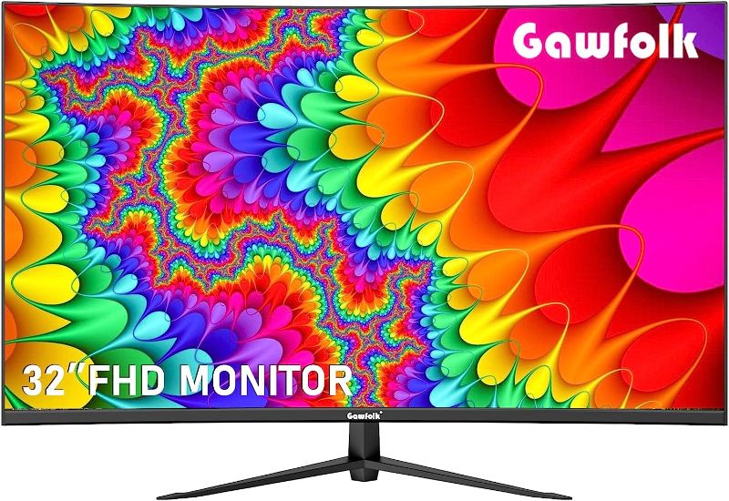 Photo 1 of Gawfolk 32 Inch Computer Monitor, Ultra-Thin Zero Frame, 75Hz Full HD 1920 x 1080p Curved Display, HDMI/VGA, Home Office Business PC Monitor
