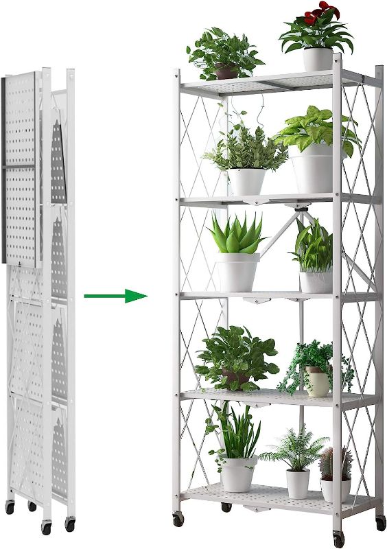 Photo 1 of (SEE NOTES) 



Storage Shelves 5-Tier Foldable, Rack Shelf with Microwave Oven Stand, Metal Shelves with Wheels, Garage Shelving Free of Installation for Kitchen, Living Room, Bedroom Organizer, Bakers Closet, White 