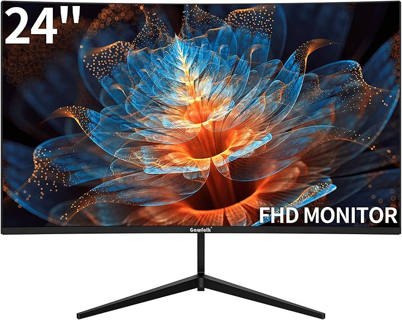 Photo 1 of Gawfolk 24 Inch Computer Monitor Full HD 1080P 75HZ, 2800R Curved Monitor with HDMI VGA, Tilt Adjustment, Ultra-Thin Zero Frame Desktop PC Monitor Black
