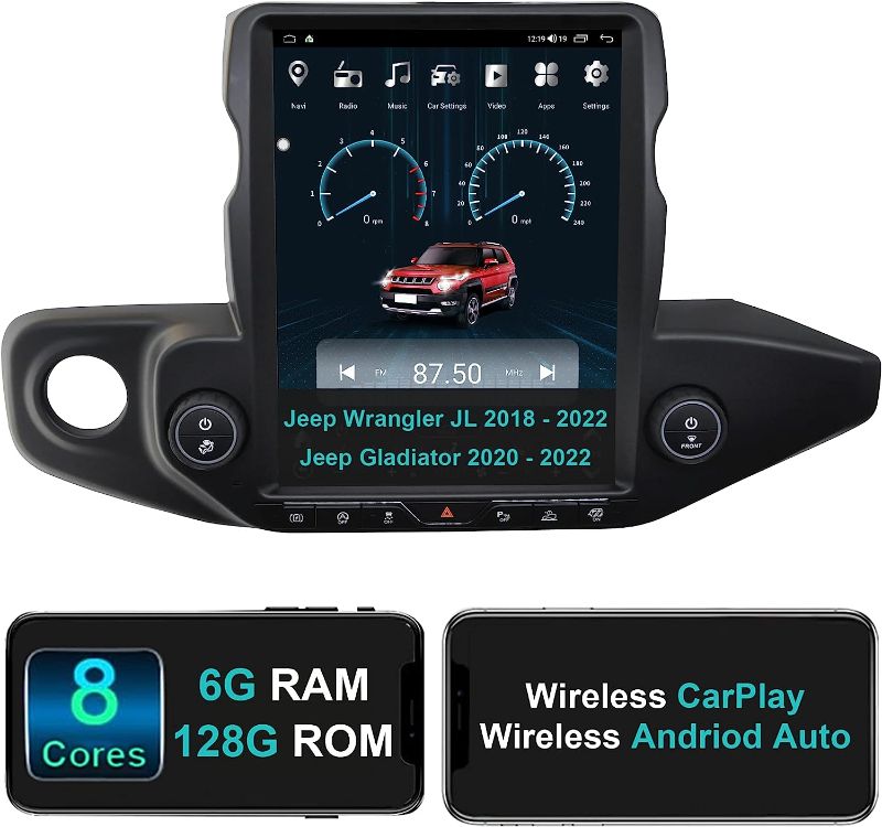 Photo 1 of 6GB+128GB 8-Core Car Stereo for Jeep Wrangler 2018-2022/ Gladiator 2020-2022 Wireless CarPlay Android Auto 12.1 Inch Vertical Touchscreen Android Car Radio Audio Receiver GPS Navigation Dual Bluetooth
