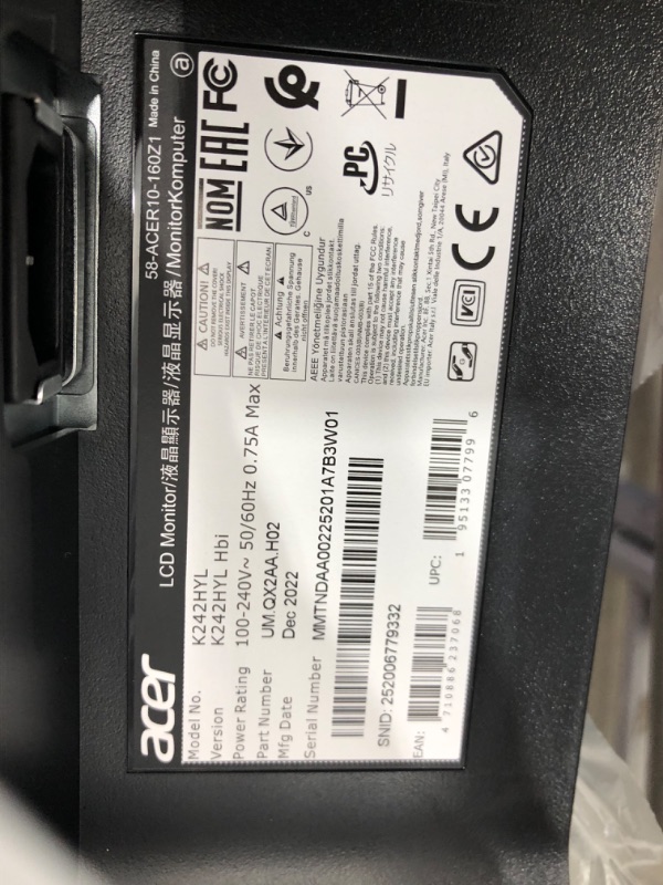 Photo 1 of Acer 23.8” Full HD (1920 x 1080) Computer Monitor with AMD Radeon FreeSync Technology, 75Hz, 1ms (VRB) (HDMI Port 1.4 & VGA Port) K242HYL Hbi
