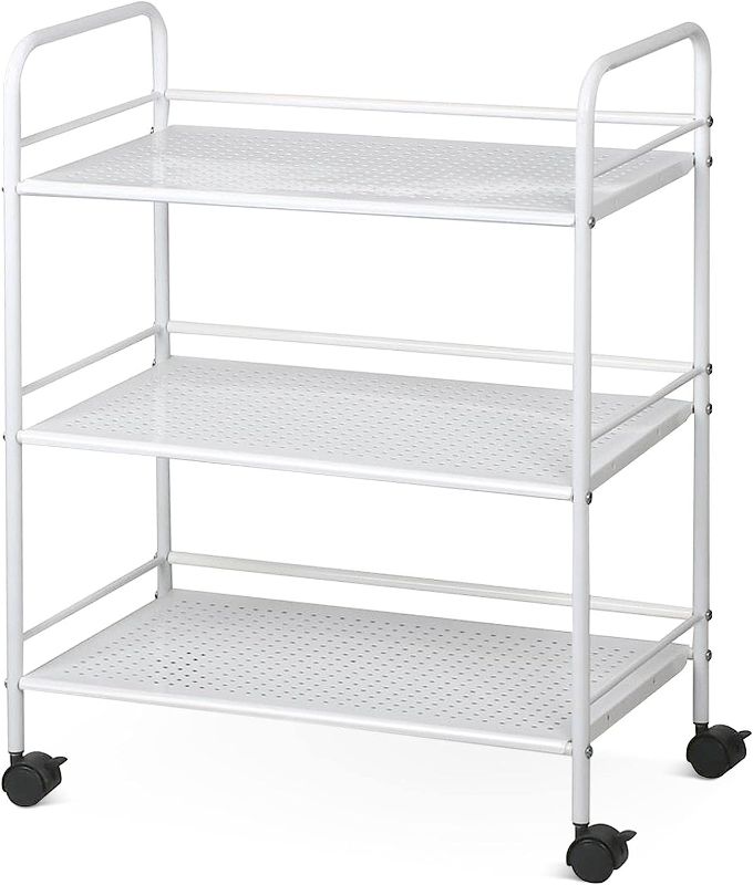 Photo 1 of Yaheetech 3 Tier Durable Metal Multi-Purpose Rolling Utility Cart, Rolling Storage Craft Cart Kitchen Cart with Handle and Locking Wheels for for Office Bathroom Kitchen Laundry, White
