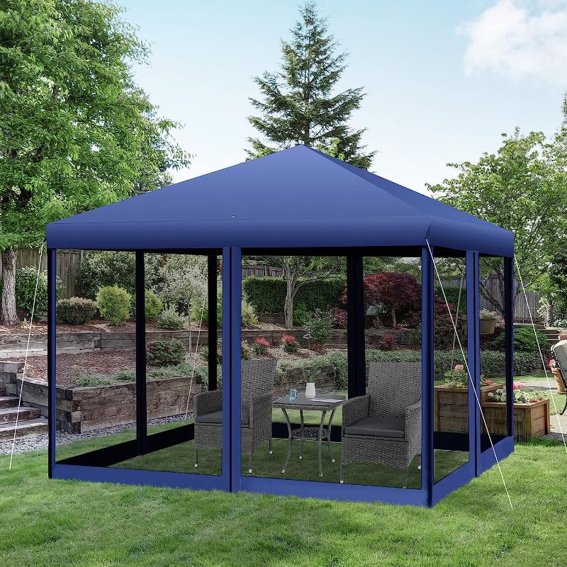 Photo 3 of 10' x 10' Pop Up Canopy Tent with Netting, Instant Gazebo, Ez up Screen House Room with Carry Bag, Height Adjustable, for Outdoor, Garden, Patio, Blue