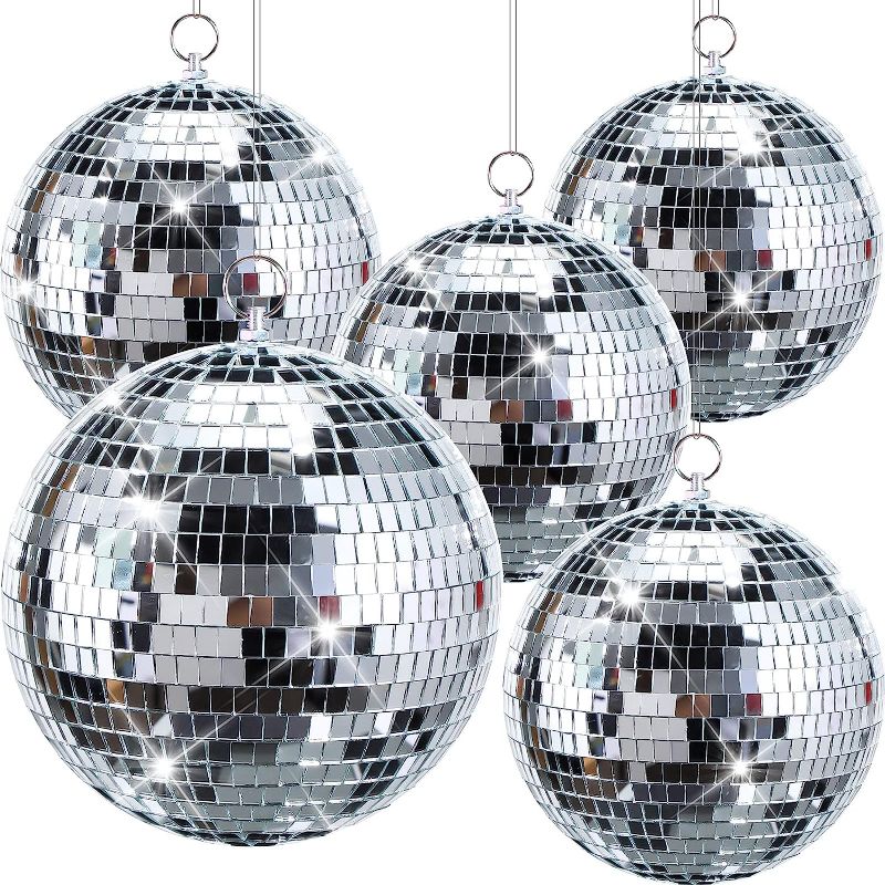 Photo 1 of 5 Pieces Disco Ball Mirror Ball Disco Party Decorations with Hanging Ring for DJ Club Stage Wedding Holiday, 2 Sizes (Silver,12 Inch, 8 Inch)