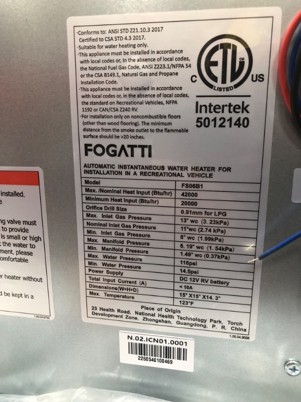 Photo 5 of **LOOSE HARDWARE**FOGATTI RV Tankless Water Heater, 2.2 GPM, Gen 2, with White Door and Remote Controller, 42,000 BTU, InstaShower 6, Optimized Summer Comfort Performance, Ideal for RVers' Family Use
