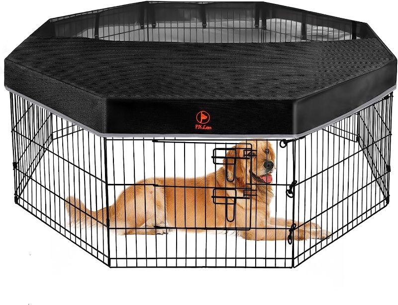 Photo 1 of **MINOR DAMAGE**PJYuCien Dog Playpen - Metal Foldable Dog Exercise Pen, Pet Fence Puppy Crate Kennel Indoor Outdoor with 8 Panels 30”H & Top Cover for Small Medium Pets
