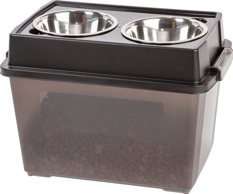 Photo 1 of ***missing bowls***
IRIS USA 47 Lbs./45 Qt. Large Elevated Feeder with Airtight Pet Food Storage Container, Dry Food Bin with Removable Dog Bowls in Lid, At Home or Camping Pet Food Container, Smoke/Black
