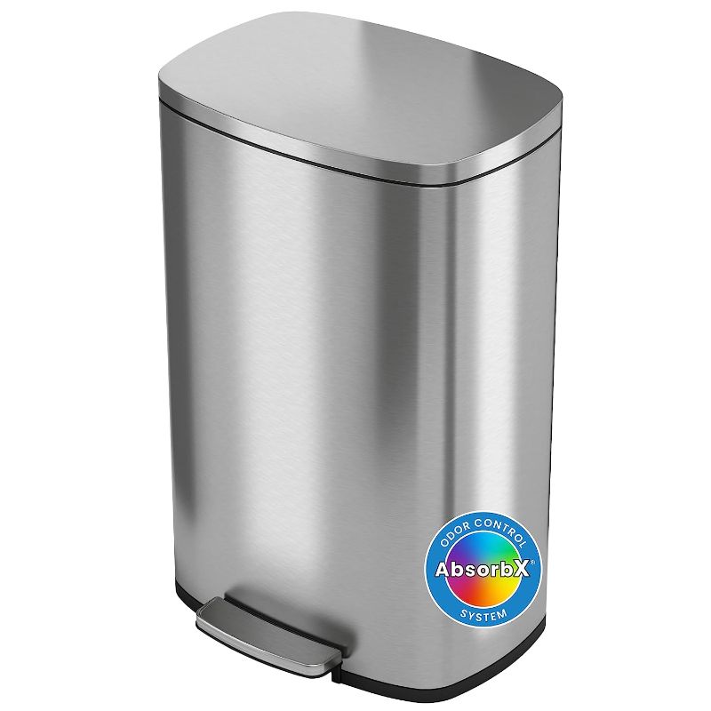 Photo 1 of **ITEM IS DENTED AND lever is broken***
 SoftStep 13.2 Gallon Step Trash Can with Odor Filter System, Stainless Steel 50 Liter Pedal Garbage Bin 