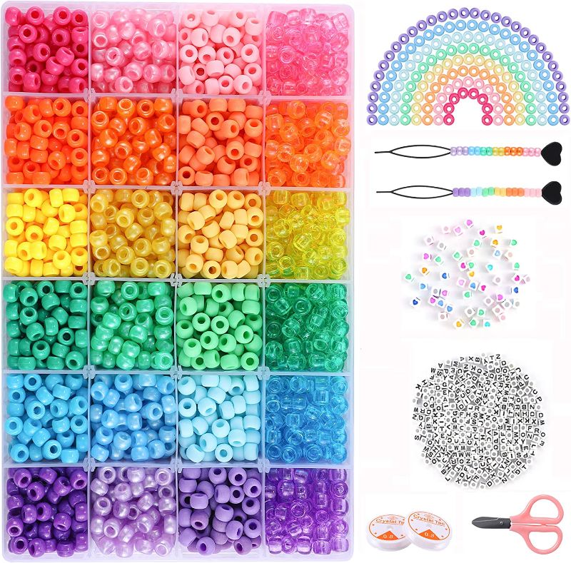 Photo 1 of 3500+ pcs Rainbow Pony Beads for Jewelry Making, Hair Beads for Braids for Girls, Bracelet Making Kit, Assorted Kandi Beads Kit with Letter and Heart Beads Hair Beader Tool Scissors Elastic String
