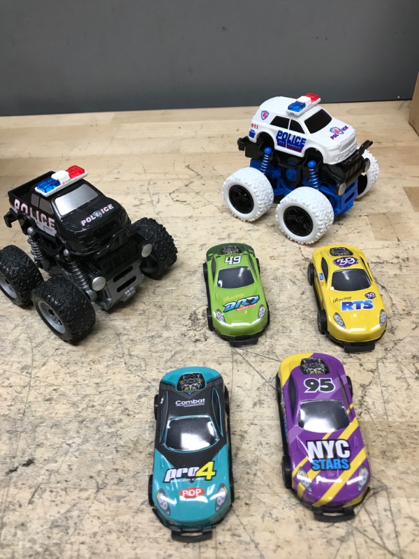 Photo 3 of 6 Pack Friction Powered Toys Push Cars for Kids Boys Girls,2 Pack 4wheel Drive Police Trucks Double-Directions Inertia Pull Back Vehicle Set,4 Pack Mini Alloy Race car