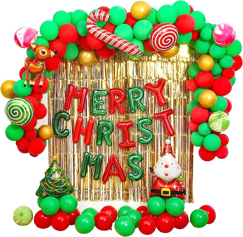 Photo 1 of 163Pcs Christmas Party Decoration Set - Merry Christmas Balloon Red Green Balloon Garland Golden Rain Curtain Christmas Socks Candy Snowman SaS 