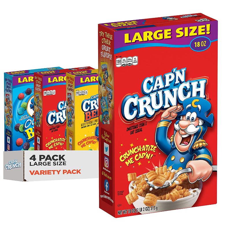 Photo 1 of 
Cap'n Crunch Cereal, 3 Flavor Variety Pack, Large Size Boxes, (4 Pack)