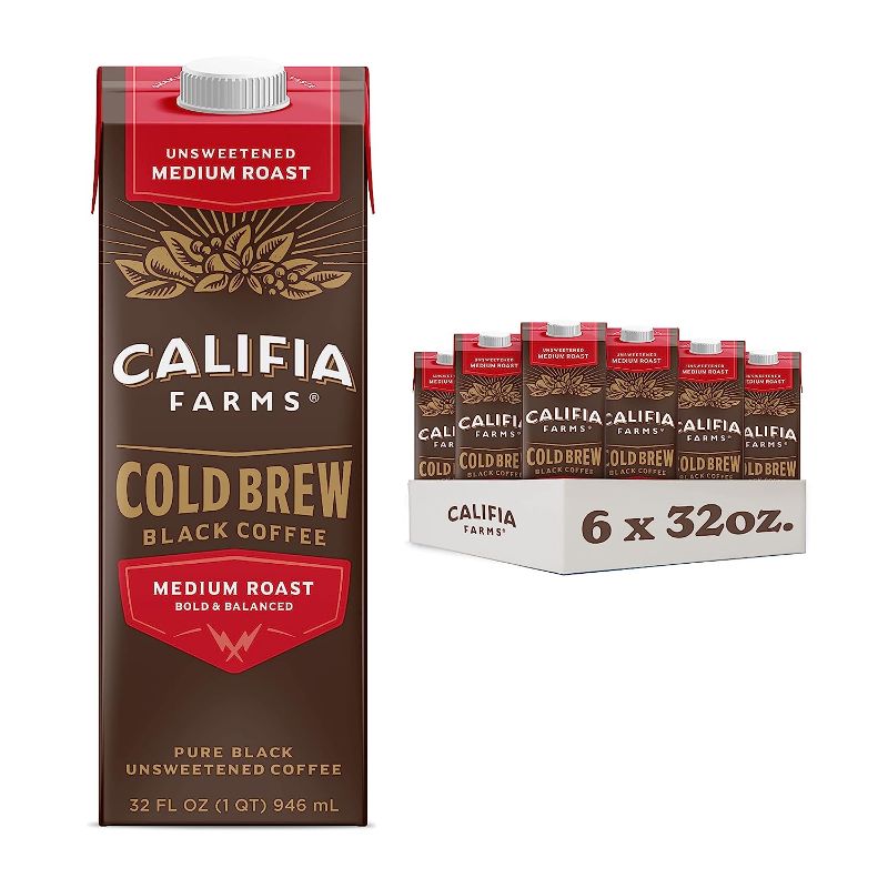 Photo 1 of ***EXP 05/11/2023***  Califia Farms - Pure Black Medium Roast Cold Brew Coffee, 32 Oz (Pack of 6), 100% Arabica, Shelf Stable, Plant Based, Vegan, Gluten Free, Non GMO, Sugar Free, Iced Coffee