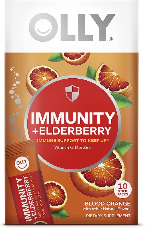 Photo 1 of ***EXP 08/2023*** OLLY Immunity Powder, Daytime Immune Support, Elderberry, Vitamin C, D, Zinc, Fizzy Drink Mix, Blood Orange - 10 Count