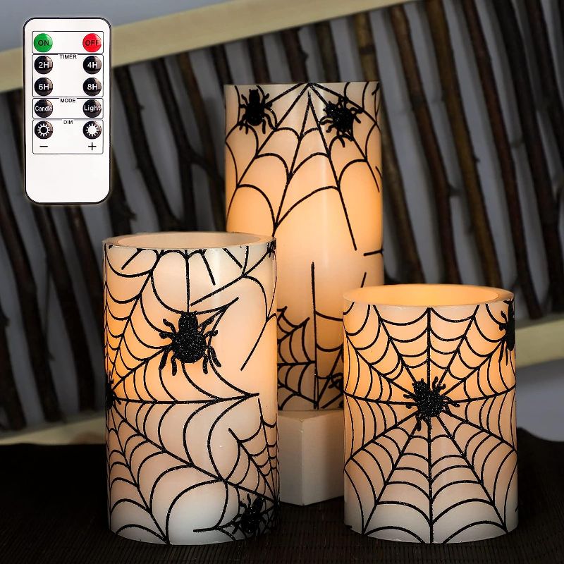 Photo 1 of ***SEE NOTES*** FLAVCHARM Flameless Candles, Battery Operated with Remote, Set of 3 Spider Web LED Flickering Candle, Decorative LED Candles with Gift Box for Christmas, Halloween Decor Party