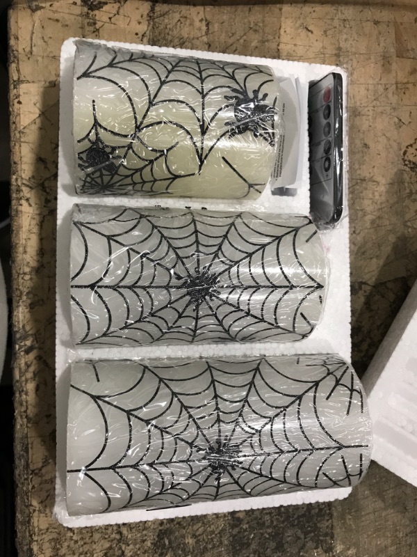 Photo 2 of ***SEE NOTES*** FLAVCHARM Flameless Candles, Battery Operated with Remote, Set of 3 Spider Web LED Flickering Candle, Decorative LED Candles with Gift Box for Christmas, Halloween Decor Party