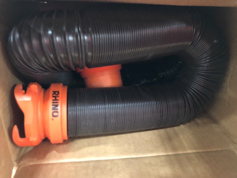 Photo 2 of Camco RhinoFLEX RV Sewer Hose Kit with Swivel Transparent Elbow and 4-in-1 Dump Station Fitting, Brown, 15 Feet (39770) 15ft Sewer Hose Kit Frustration-Free Packaging